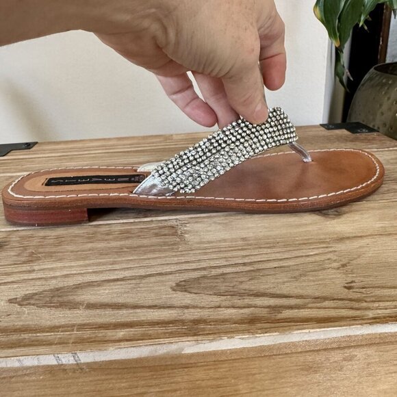 Steven ;Steve Madden Karatz Rhinestone Silver Genuine Leather Strap Thong Sandal - Picture 7 of 12